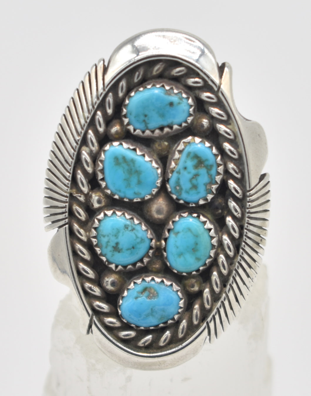 Native American Turquoise  Cluster Sterling Silver Keith James Navajo Ring - Size 10.5