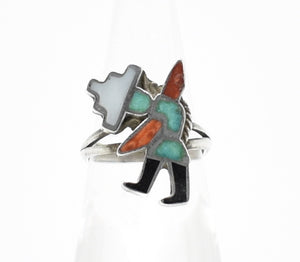 Kachina Doll Vintage Sterling Silver Southwest Inlay Ring - Size 5.5