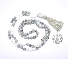 Load image into Gallery viewer, Kiwi Jasper and Moonstone Handmade Japa Mala.
