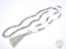 Load image into Gallery viewer, 108 Stone Japa Mala made with Moonstone and Kiwi Jasper.
