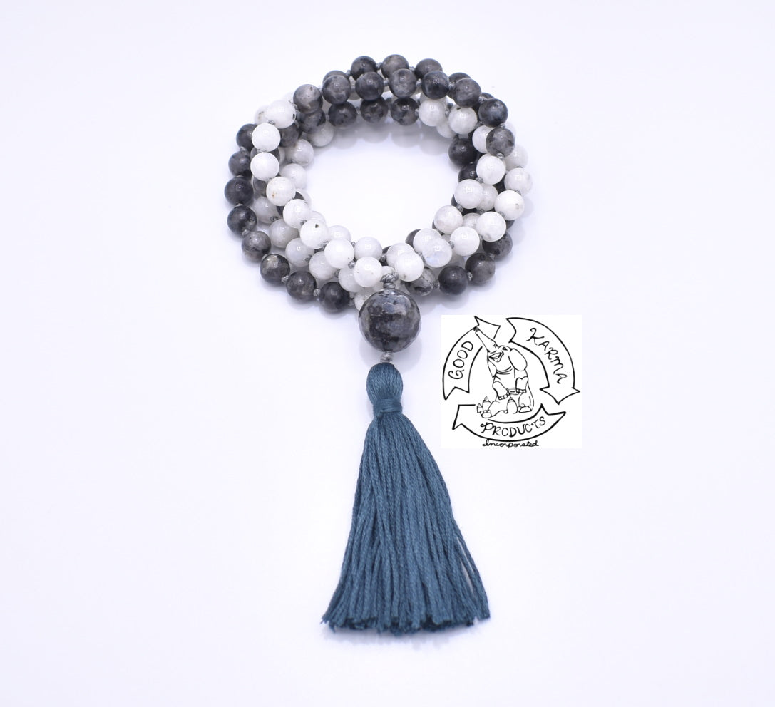 108 Stone Mala made with Moonstone and Larvikite.