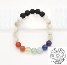 Load image into Gallery viewer, Moonstone, Chakras, and Lava Stone Diffuser Bracelet
