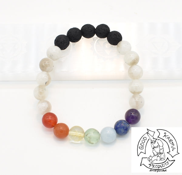 Moonstone, Chakras, and Lava Stone Diffuser Bracelet