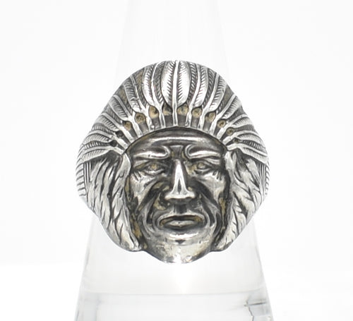 Vintage Large Native American Chief's Head Sterling Silver Ring - Size 10.25