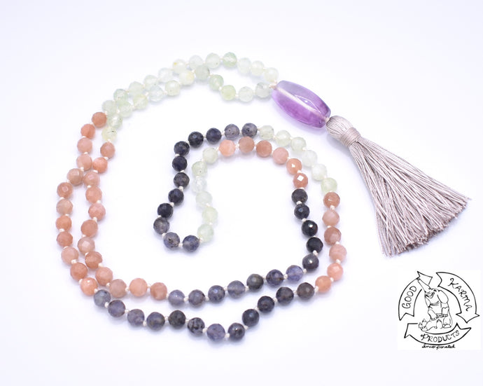 108 Stone Mala made with AAA Prehnite, Sunstone, and Iolite.