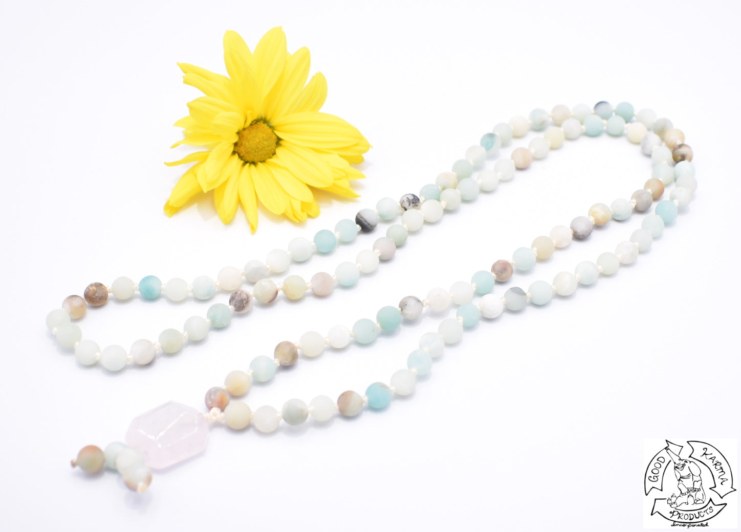 108 Stone Petite Mala made with Amazonite & Rose Quartz.