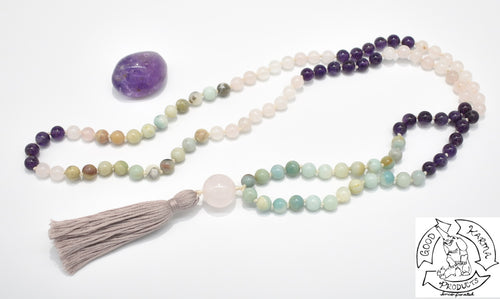 Mala made with Amethyst, Rose Quartz, and Amazonite