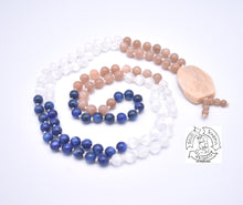 Load image into Gallery viewer, Selenite, Kyanite, and Sunstone Handmade Japa Mala.
