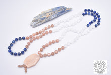Load image into Gallery viewer, Handmade Japa Mala made with Kyanite, Selenite, and Sunstone.
