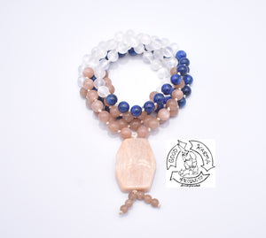 108 Stone Japa Mala made with Sunstone, Selenite, and Kyanite.