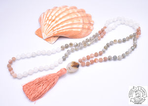 108 Stone Japa Mala made with Labradorite, Moonstone, and Sunstone.