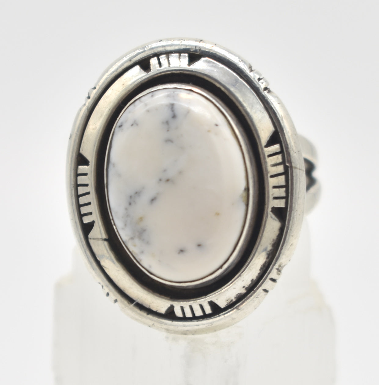White Buffalo Turquoise Sterling Silver P.A. Smith Stamped Ring Size 12