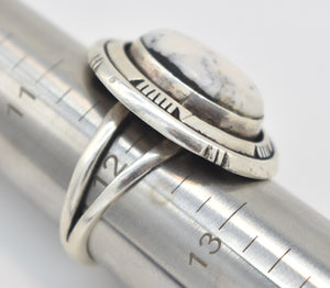 White Buffalo Turquoise Sterling Silver "P.A. Smith" Stamped Ring- Size 12